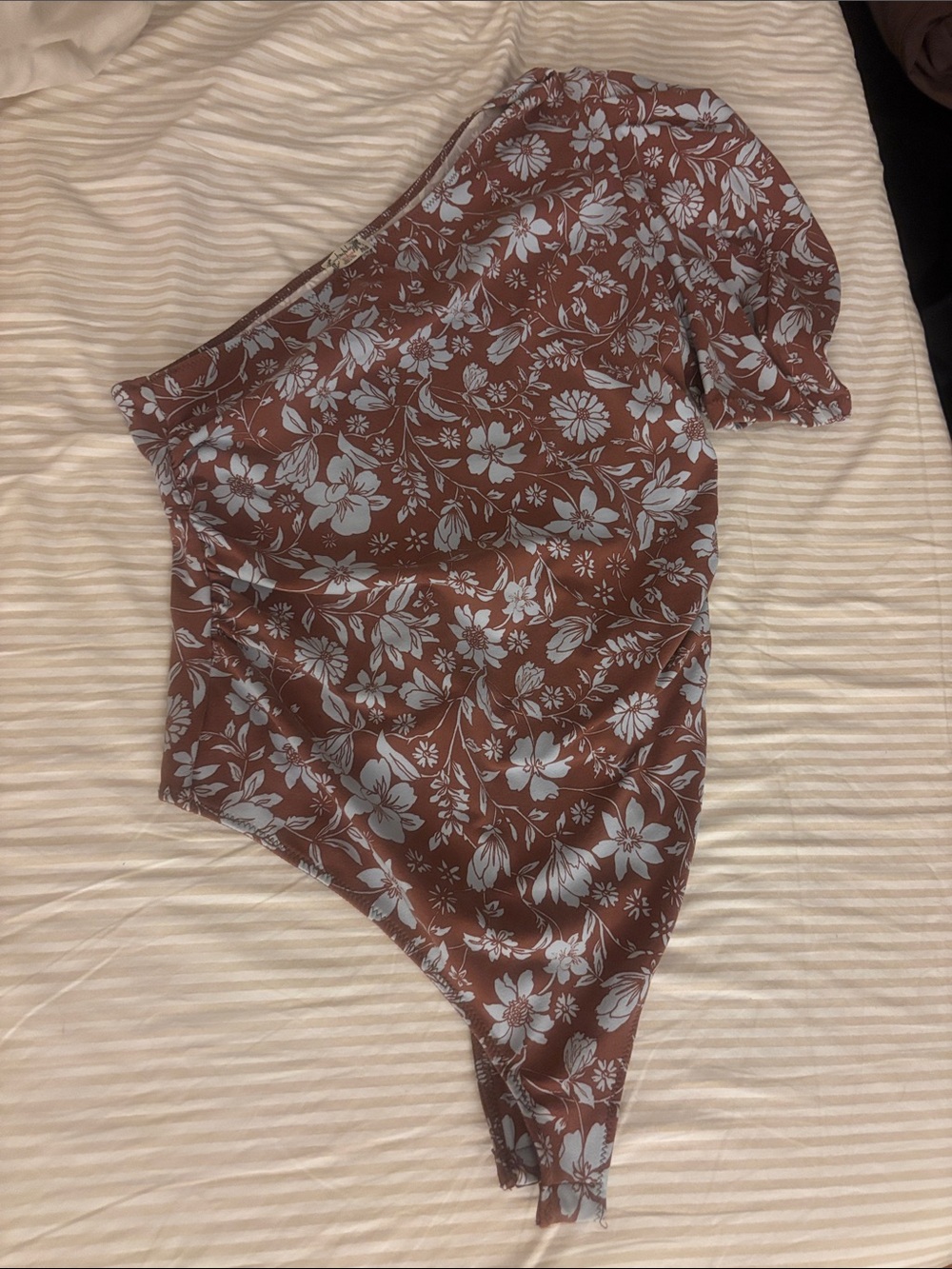 Free People One-Shoulder Floral Bodysuit in Brown and Light Blue
